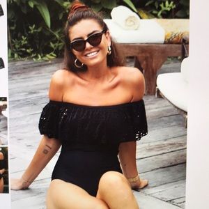 Black off the shoulder laser cut swim suit